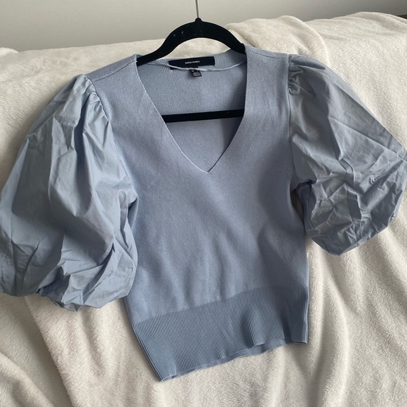 LIGHT BLUE KNIT TOP WITH BALLOON SLEEVES - Picture 1 of 3